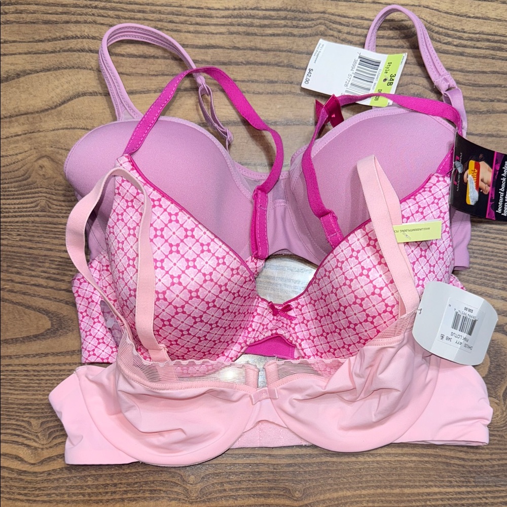 Maidenform Womens 34B‎ Bra Bundle 3 Pack Pink Mauve Geometric Underwire NWT